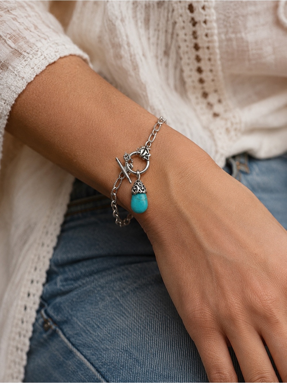 Boho Sterling Silver bracelet with Turquoise Teardrop Pendant .925